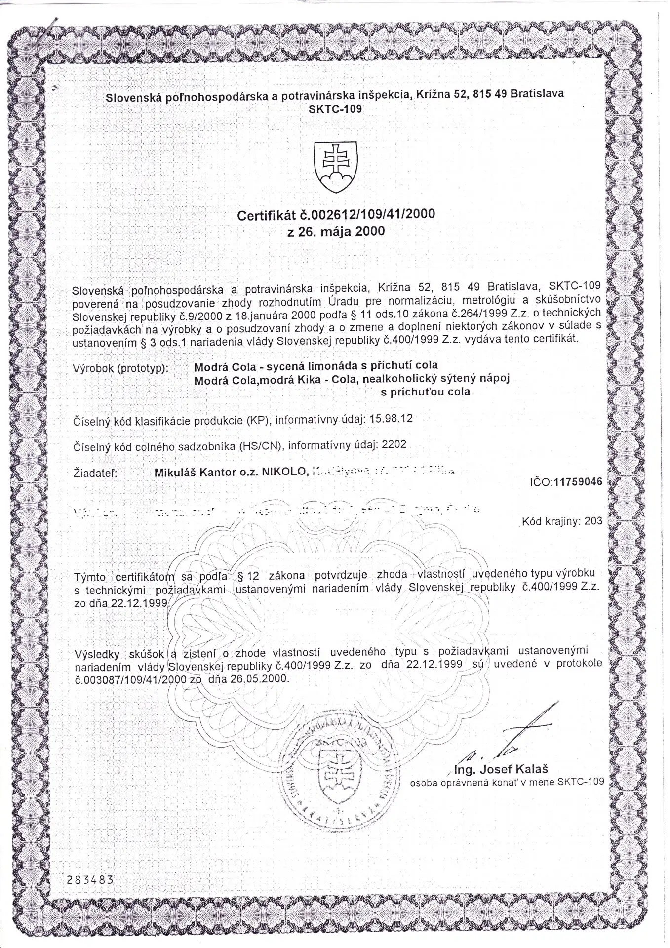 Modrá cola – certifikát, 2000