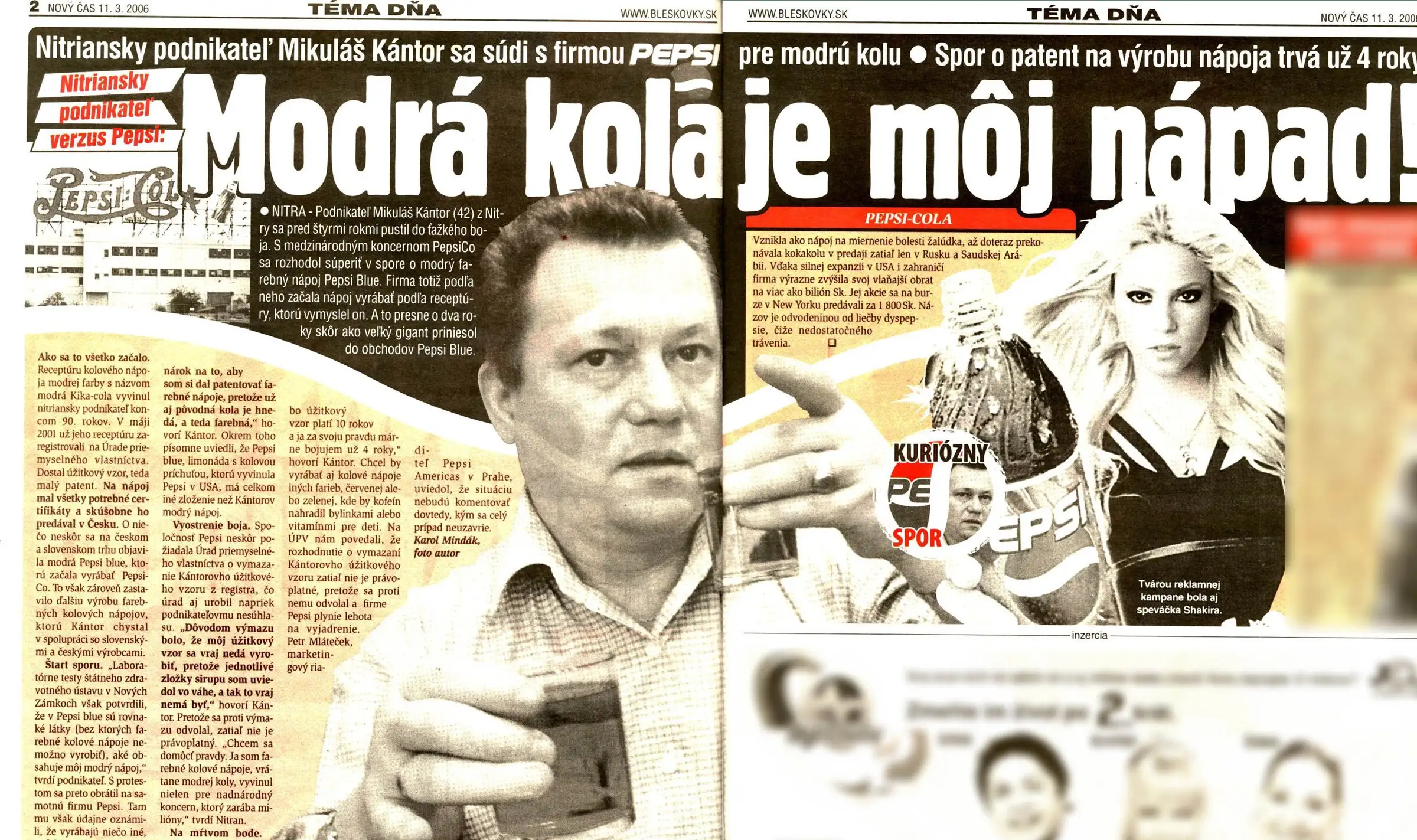 Výstrižok z novín: Nitriansky podnikateľ Mikuláš Kántor sa súdi s firmou Pepsi – „Modrá kola je môj nápad!“