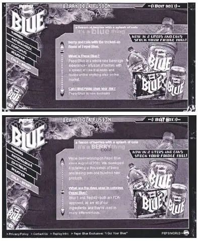 Pepsi Blue na stránkach koncernu – vývoj od augusta 2001