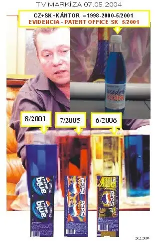 Still from TV Markíza, 7 May 2004 – Mikuláš Kántor and bottles of coloured cola, patent office SK registration 5/2001